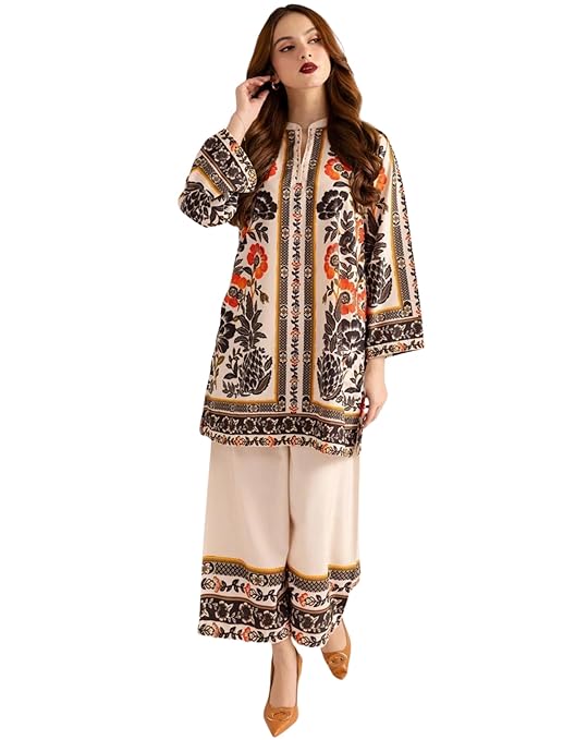 Modestouze Attires Cord Set for Women Cotton Poly Rayon - Turkish Cord Set for Women Stylish Mandarin Neck Floral Print Western Cord Sets for Womens, Wear as Office Coat, Travel Cord, Cotton